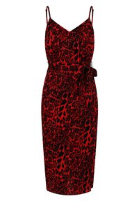 Rotes Leopardenmuster-Kleid mit figurbetonter Silhouette, dünnen verstellbaren Trägern und einem Bindegürtel in der Taille. Hergestellt aus glattem Stoff.
