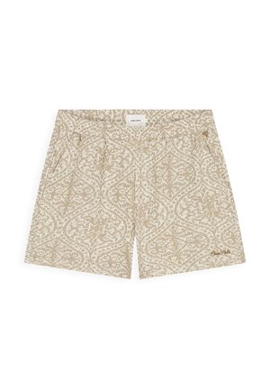 Beige en wit gebreide korte broek met patroon, zijzakken, rits aan de voorkant en klein "Pure Path"-logo op het rechteronderbeen.