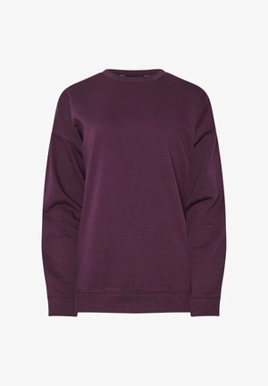 Sweatshirt violet en tissu doux, doté d'un col rond, de manches longues et de poignets côtelés, avec une coupe ample et un design minimal.