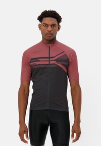 Maillot de cyclisme à manches courtes en tissu bordeaux et noir, avec fermeture éclair quart de zip, rayures verticales et design ajusté.