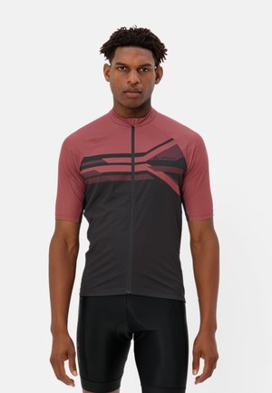 Kurzarm-Radsporttrikot aus bordeauxrotem und schwarzem Stoff, mit einem Viertel-Reißverschluss, vertikalen Streifen und einer taillierten Passform.