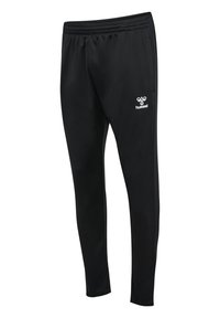 Black athletic pants made of smooth fabric, featuring a fitted design, elastic waistband, and a small white logo on the left leg.