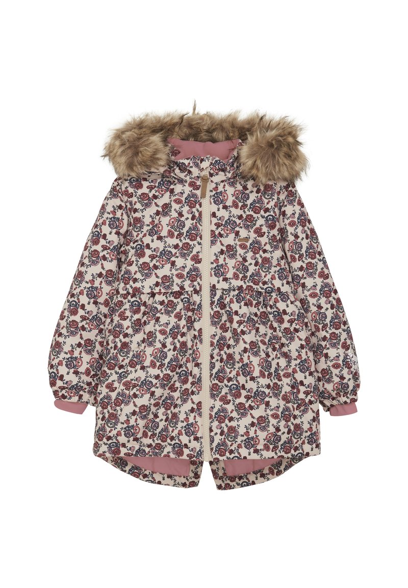 Blommönstrad parkas med fuskpäls på huvan, krämfärgad bakgrund, blommor i maroon och marinblått, elastiska ärmslut och dragkedja fram.