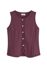Mouwloze vest in pruimenkleur met zes gouden knopen aan de voorkant en een afgeronde zoom, gemaakt door Holly & Whyte.