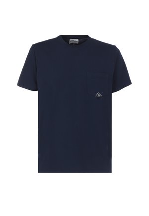 T-shirt in cotone blu navy con colletto a giro, maniche corte e tasca sul petto sinistro con un accento a logo triangolare. Texture liscia.