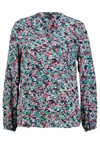 Blusa floreale con maniche lunghe, scollo a v, sfondo blu navy scuro e piccoli motivi floreali rosa, verdi e blu su tutta la superficie. Tessuto morbido.