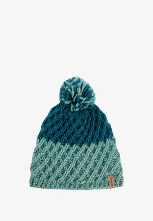 Strickmütze in Türkis und Hellgrün, mit einem strukturierten Muster und einem Pompon oben; enthält ein kleines Markenetikett.