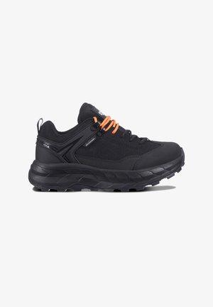 Black athletic shoes with mesh upper, textured black sole, and bright orange laces. Features a padded collar and reinforced toe.