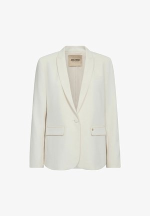 Valge kohandatud bleiser, millel on nurgelised klapid, ühe nupuga kinnitus, kaks esikotit ja peened katteribad servadel. Sile kangast tekstuur.