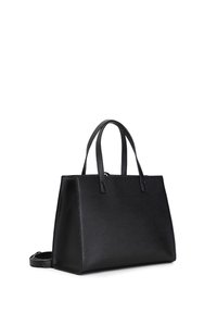 Bolso tote de cuero negro con dos asas, forma estructurada, textura suave y una correa de hombro desmontable. Diseño minimalista sin adornos.