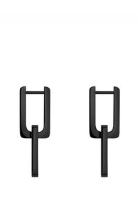 Schwarze Metal-Ohrringe in rechteckiger Form mit vertikalem Akzent. Glatte Oberfläche, minimalistisches Design und moderne Ästhetik.