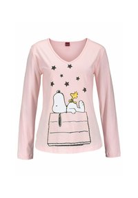 Lange mouwen roze katoenen T-shirt met een Snoopy-afbeelding, zwarte sterren en een relaxed fit met een V-hals ontwerp.