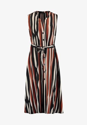 Robe mi-longue sans manches avec des rayures verticales noires, blanches et rouille, boutons sur le devant, col en V, et ceinture nouée à la taille.
