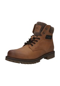 Braune Leder-Ankelstiefel mit einem Filzkragen, Schnürdesign, Metallösen und einer strukturierten Gummisohle für verbesserten Grip.