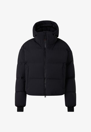 Schwarze, wattierte Winterjacke mit hohem Kragen, Kapuze, Frontreißverschluss, zwei Seitentaschen und elastischen Bündchen an den langen Ärmeln.