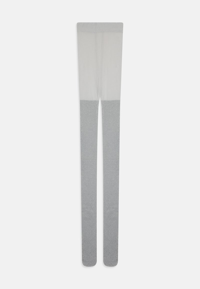 Collants légers et transparents gris clair avec une section inférieure texturée et pailletée en argent. Fini lisse avec un design ajusté pour le confort et la praticité.