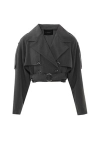 Giacca doppiopetto tagliata in tessuto grigio scuro, con ampie reversed, vita cinturata con fibbia circolare e spalline.