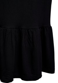Must mustril, millelääsega, koeservast rippuval ruffles'iga, pehmest, venivast kangast, sileda viimistlusega.