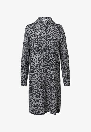 Leopard print blouse made of silky fabric, featuring a collared neckline, button front, long sleeves, and two chest pockets in shades of gray and black.