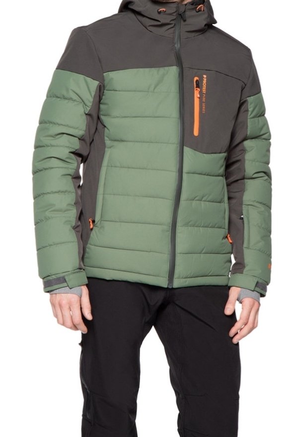 Zelená a šedá prošívaná bunda s kapucí a oranžovými detaily, vybavená kapsami na zip. Texturovaný a prošívaný design pro lepší izolaci.