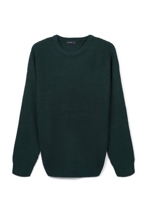 Maglione girocollo in maglia verde scuro con texture a nido d'ape e maniche lunghe, disteso su uno sfondo bianco.