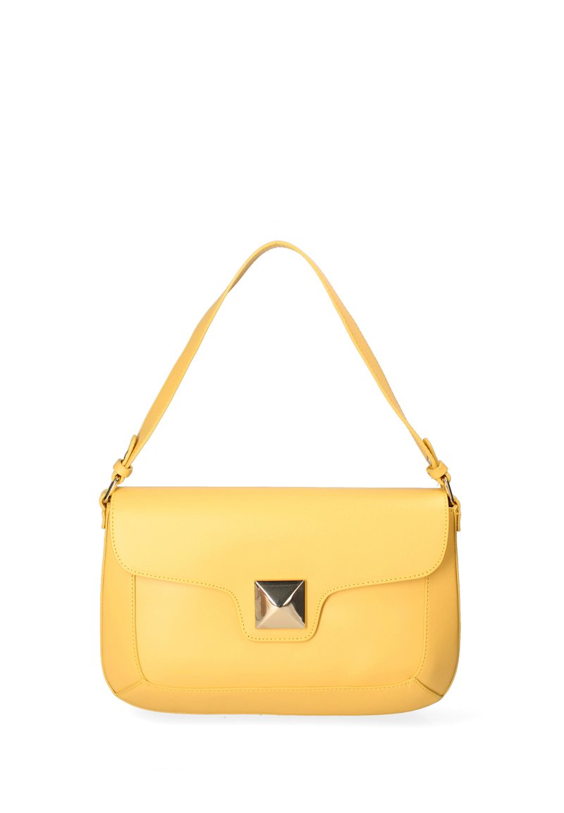 Borsa a tracolla gialla in pelle con forma rettangolare, chiusura piatta e un accento quadrato in metallo sul davanti. Tracolla regolabile.