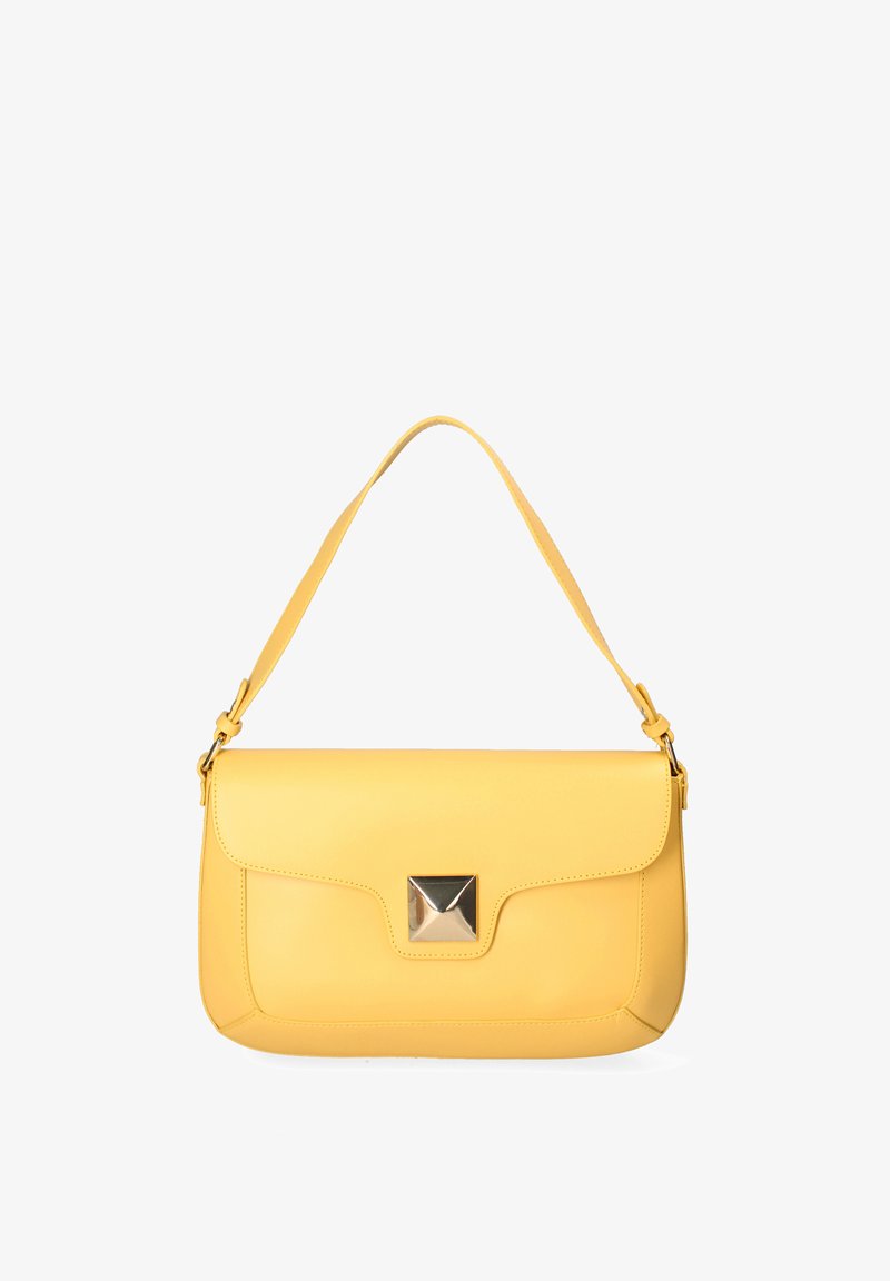 Borsa a tracolla gialla in pelle con forma rettangolare, chiusura piatta e un accento quadrato in metallo sul davanti. Tracolla regolabile.