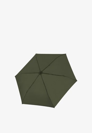 Olive green umbrella with eight panels, made from textured fabric. It features a central hub and slender support ribs, offering a compact design.