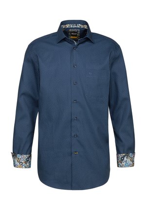 Marineblaues Hemd mit kleinen weißen Punkten, das mit einem floral gemusterten Manschetten- und Kragenfutter ausgestattet ist. Hergestellt aus strukturiertem Stoff.
