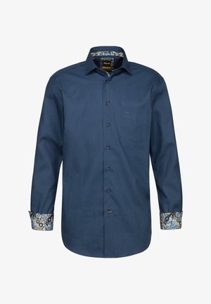 Camicia blu navy con piccoli pois bianchi, presenta un polsino e un colletto foderati con un motivo floreale. Realizzata in un tessuto testurizzato.