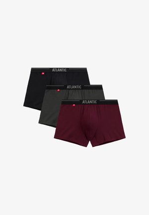 Zestaw bokserków w czarnym, ciemnoszarym i bordowym kolorze, wykonany z bawełny, z elastycznym, markowym pasem i gładkim, dopasowanym krojem.