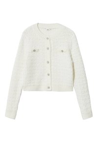 Weißer strukturierter Strickcardigan mit langen Ärmeln, Rundhalsausschnitt, durchgehender Knopfleiste und zwei Brusttaschen mit dekorativen Knöpfen.