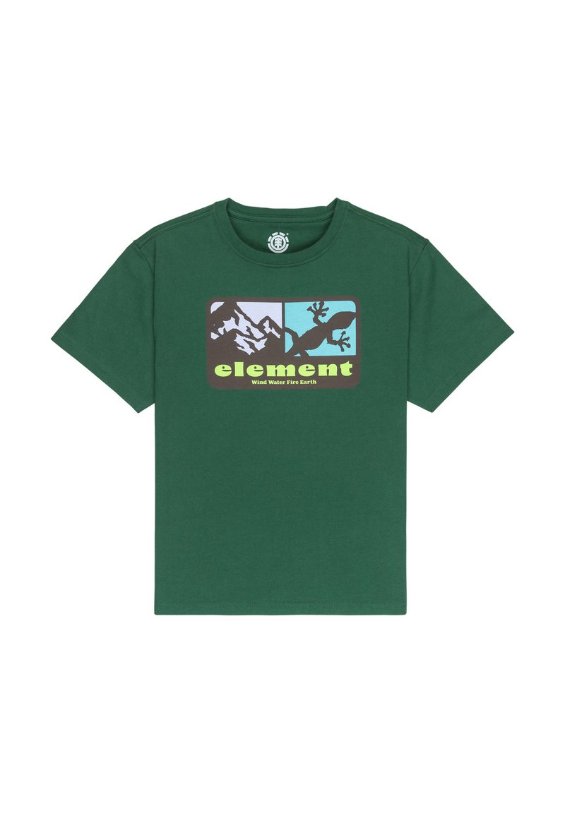 Green short-sleeve T-shirt with mountain and lizard graphic above yellow "element" text and "Wind Water Fire Earth" slogan.