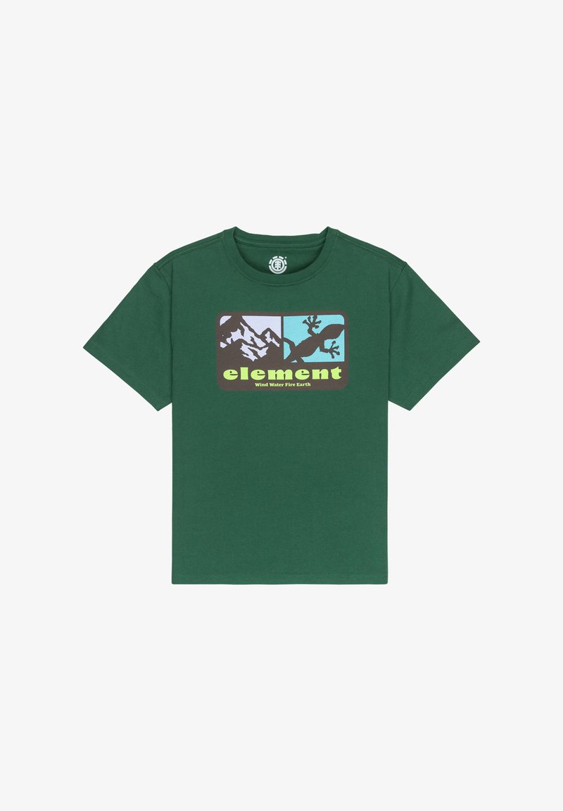 Green short-sleeve T-shirt with mountain and lizard graphic above yellow "element" text and "Wind Water Fire Earth" slogan.