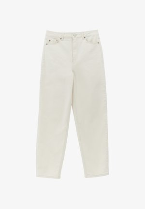 Gebroken-witte jeans met een rechte pijp, hoge taille, voorste knoop- en ritssluiting, riemlussen en vijfzakken.