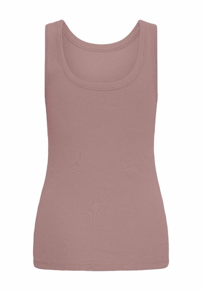 Sleeveless tank top in a light mauve color, made of ribbed fabric with a scoop neckline and a fitted silhouette. Smooth texture throughout.