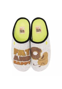 Zapatillas de casa grises con ribete negro, plantillas verdes, que presentan el texto "GORDO Y FELIZ" y un personaje de dibujos animados sosteniendo un donut.
