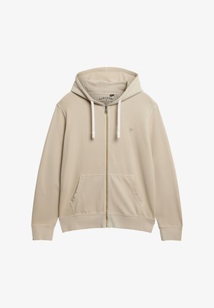 Beige zip-up hoodie met een trekkoordkap, kangoeroezakken en ribgebreide manchetten. Gemaakt van zachte, gestructureerde stof, met logo op de borst.