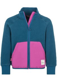 Veste en polaire pour enfants avec un corps et des manches texturés en teal, des poches avant roses et une fermeture éclair rose pleine longueur.