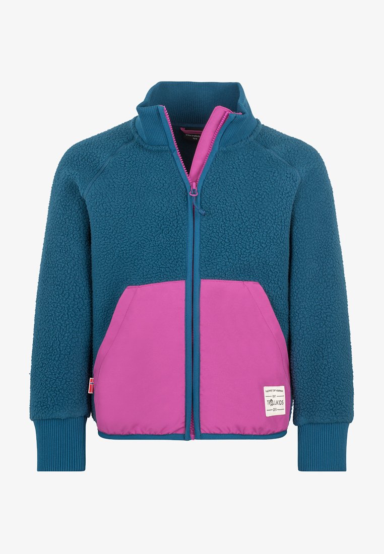 Børns fleecejakke med teal strikket krop og ærmer, rosa frontlommer og en pink full-længde lynlås.