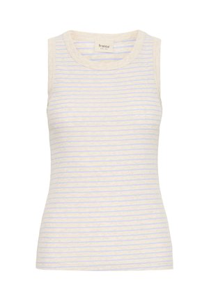 Canotta senza maniche a coste beige con sottili strisce orizzontali azzurro chiaro e scollo rotondo.