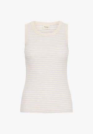 Canotta senza maniche a coste beige con sottili strisce orizzontali azzurro chiaro e scollo rotondo.