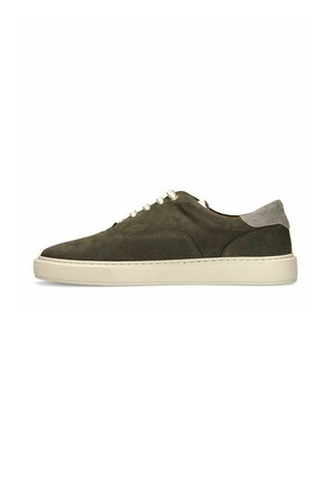 Dark green suede low-top sneaker with beige sole, white laces, and gray suede heel tab, viewed from the outer side.