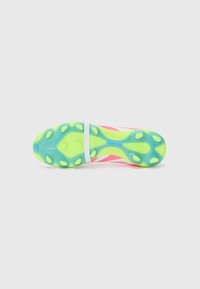 Cleats with a neon green and yellow outsole, bright pink upper, textured surface, and six prominent studs for traction.