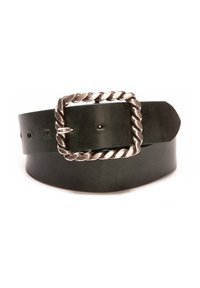 Zwarte leren riem met een zilverkleurige, gedraaide touwsluiting. De riem heeft meerdere gaten voor aanpassing en een gladde textuur.