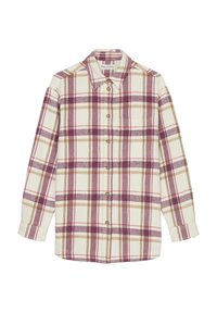 Button-up shirt in cream, featuring a plaid pattern in purple, pink, and brown. Made of soft fabric with a classic collar and long sleeves.