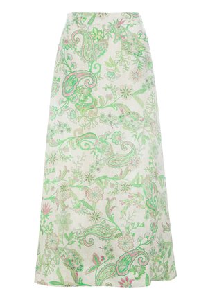 Maxi-Rock mit Blumenmuster aus leichtem Stoff, der grüne und rosa Paisley-Designs zeigt, mit hoher Taille und fließender A-Linie.