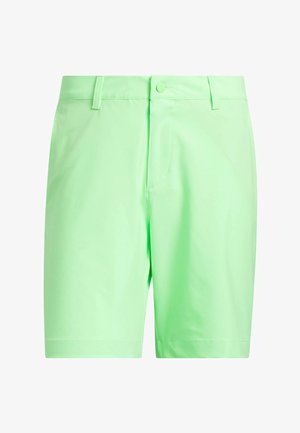 Pantalones cortos de color verde claro, fabricados con material suave, con un frente plano, presillas para cinturón y un cierre de botón único. Presentan un ajuste entallado y costuras limpias.