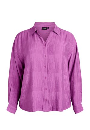 Long-sleeve, button-up shirt in textured light purple fabric. Features a standard collar and a relaxed fit with button details.