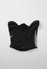Brassière de sport noire avec larges bretelles, fabriquée en matériau lisse, affichant un logo blanc et un motif de rayure diagonale d'un côté.